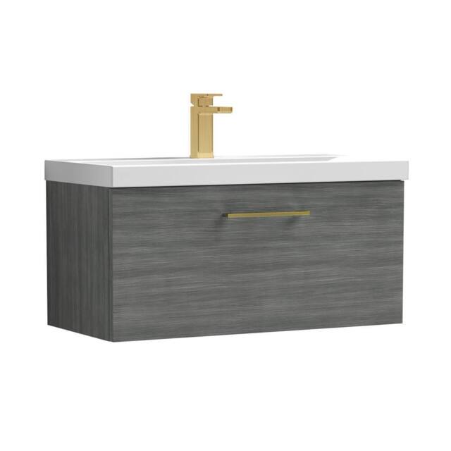 Balterley 800mm Wall Hung 1 Drawer Vanity, Woodgrain Anthracite, Brass Handle in Grey - image 1