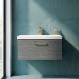 Balterley 800mm Wall Hung 1 Drawer Vanity, Woodgrain Anthracite, Brass Handle in Grey - thumbnail 9