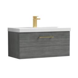 Balterley 800mm Wall Hung 1 Drawer Vanity, Woodgrain Anthracite, Brass Handle in Grey