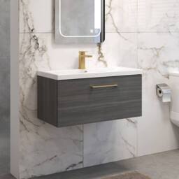 Balterley 800mm Wall Hung 1 Drawer Vanity, Woodgrain Anthracite, Brass Handle in Grey - thumbnail 4
