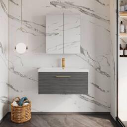 Balterley 800mm Wall Hung 1 Drawer Vanity, Woodgrain Anthracite, Brass Handle in Grey - thumbnail 2