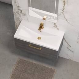 Balterley 800mm Wall Hung 1 Drawer Vanity, Woodgrain Anthracite, Brass Handle in Grey - thumbnail 3