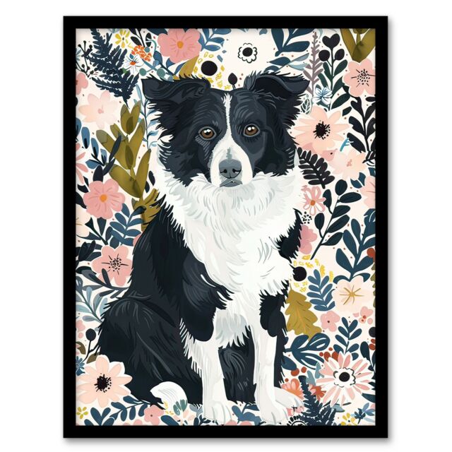 "Artery8 Border Collie Dog Lover Pink Floral Portrait Framed Wall Art - Size: W12"" x H16""" - image 1
