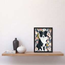 "Artery8 Border Collie Dog Lover Pink Floral Portrait Framed Wall Art - Size: W12"" x H16""" - thumbnail 4