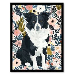 "Artery8 Border Collie Dog Lover Pink Floral Portrait Framed Wall Art - Size: W12"" x H16""" - thumbnail 1