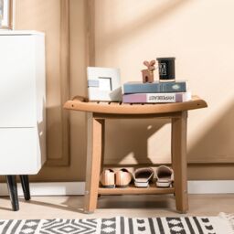 Costway Corner Shower Bench Stool Bathroom Seat 2-Tier Storage Shelf Bathroom Foot Rest in Brown - thumbnail 4