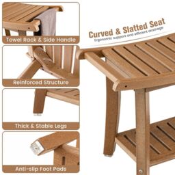 Costway Corner Shower Bench Stool Bathroom Seat 2-Tier Storage Shelf Bathroom Foot Rest in Brown - thumbnail 5