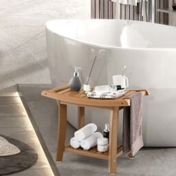 Costway Corner Shower Bench Stool Bathroom Seat 2-Tier Storage Shelf Bathroom Foot Rest in Brown - thumbnail 3