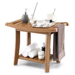 Costway Corner Shower Bench Stool Bathroom Seat 2-Tier Storage Shelf Bathroom Foot Rest in Brown - thumbnail 1