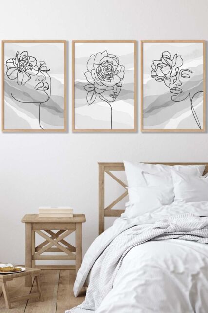 ARTZE Set of 3 Oak Framed Female Line Art Floral Faces on Grey Wall Art in Light Grey - Size: W45 cm x H62 cm x D20mm - image 1