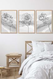 ARTZE Set of 3 Oak Framed Female Line Art Floral Faces on Grey Wall Art in Light Grey - Size: W45 cm x H62 cm x D20mm - thumbnail 1