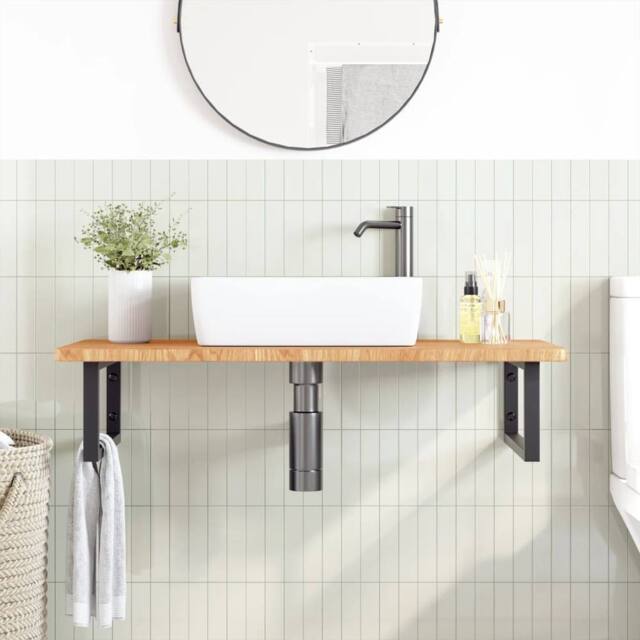 Berkfield Home Elegant Basin Shelf Wall Mounted Steel & Solid Wood Oak in Brown - image 1