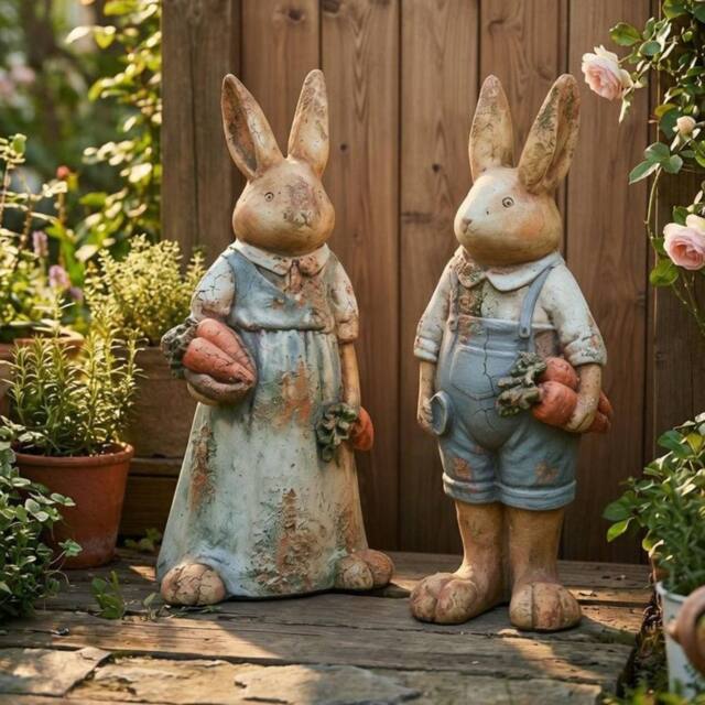 Wyld and Coco Set of 2 Multicolour Rabbit Garden Figurines - image 1