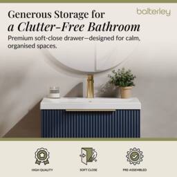 Balterley Fluted Front Wall Hung 1 Drawer Vanity Basin Unit, Satin Blue, 600mm in Blue - thumbnail 3