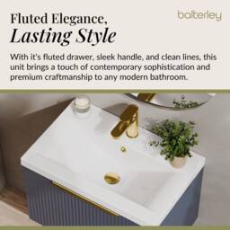 Balterley Fluted Front Wall Hung 1 Drawer Vanity Basin Unit, Satin Blue, 600mm in Blue - thumbnail 4