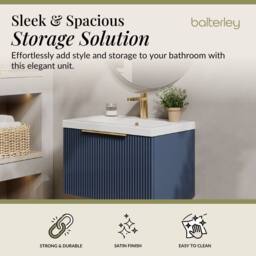 Balterley Fluted Front Wall Hung 1 Drawer Vanity Basin Unit, Satin Blue, 600mm in Blue - thumbnail 2