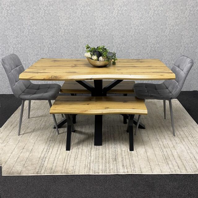 KOSY KOALA Wooden Dining Table with 2 Benches & Grey Velvet Chairs, Stylish Dining Room Furniture in Brown - image 1