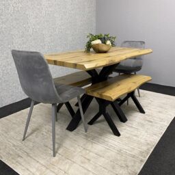KOSY KOALA Wooden Dining Table with 2 Benches & Grey Velvet Chairs, Stylish Dining Room Furniture in Brown - thumbnail 9