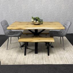 KOSY KOALA Wooden Dining Table with 2 Benches & Grey Velvet Chairs, Stylish Dining Room Furniture in Brown - thumbnail 1