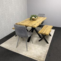 KOSY KOALA Wooden Dining Table with 2 Benches & Grey Velvet Chairs, Stylish Dining Room Furniture in Brown - thumbnail 2