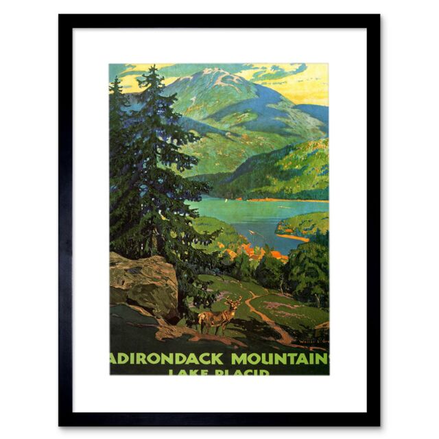 Artery8 Adirondack Mountains Lake Placid Lakeside Forest Nature Landscape Illustration Travel Poster Framed Wall Art Print Picture 12X16 inch in Black - image 1