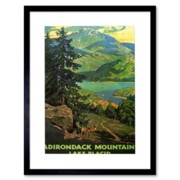 Artery8 Adirondack Mountains Lake Placid Lakeside Forest Nature Landscape Illustration Travel Poster Framed Wall Art Print Picture 12X16 inch in Black - thumbnail 1