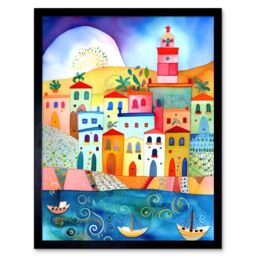 "Artery8 Wall Art Print Tunisia Seaside Town Folk Art Framed in Black - Size: W12"" x H16""" - thumbnail 1