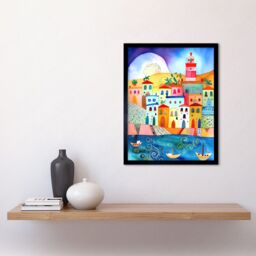 "Artery8 Wall Art Print Tunisia Seaside Town Folk Art Framed in Black - Size: W12"" x H16""" - thumbnail 2
