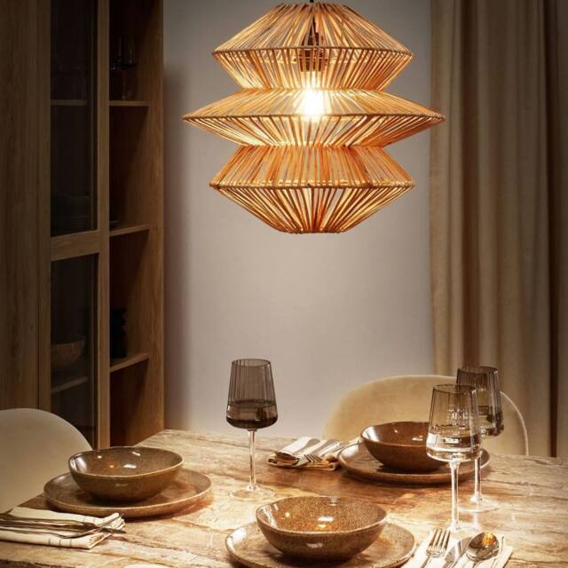Wyld and Coco Handmade Pendant Lamp Natural Rattan Shade Black Iron Base Boho Rustic - image 1