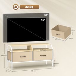 HOMCOM TV Stand Cabinet with 2 Foldable Drawers, Natural Wood Finish in Light Brown - Size: 90 cm x 35 cm - thumbnail 3