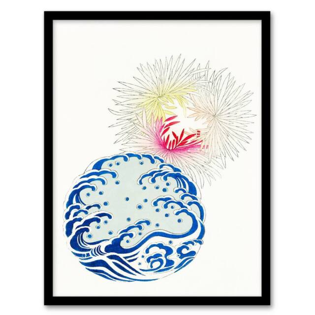 Artery8 Shin Bijutsukai Framed Wall Art Print Nature Chrysanthemum Waves in White - Size: A4 - image 1
