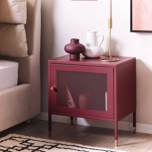 Wyld and Coco Dark Red Steel Bedside Table with Mesh Door - image 1