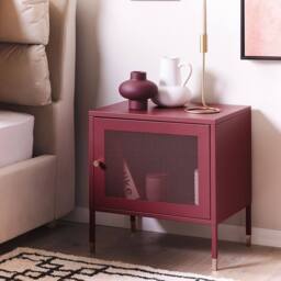 Wyld and Coco Dark Red Steel Bedside Table with Mesh Door