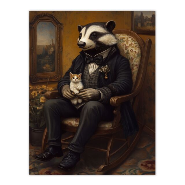 "Artery8 Victorian Badger with Kitten on Rocking Chair Wall Art Print in Brown - Size: W12"" x H16""" - image 1