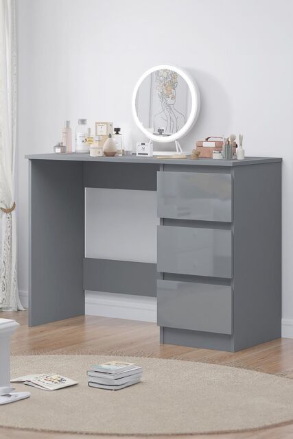 FWStyle Grey Gloss Vanity Makeup Dressing Table Desk With 3 Deep Drawers - image 1