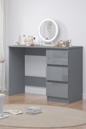 FWStyle Grey Gloss Vanity Makeup Dressing Table Desk With 3 Deep Drawers