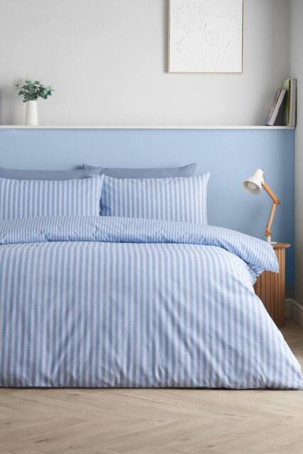 Catherine Lansfield 'Epping Textured Stripe' Reversible Duvet Cover Set in Blue - Size: Double - image 1