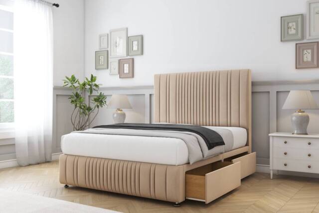 "Comfort Beds The Foxy Plush Divan Base 2 Drawers - 26"" Headboard-Footboard in Stone - Size: Double" - image 1