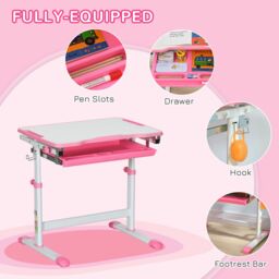 HOMCOM Kids Desk & Chair Set, Height Adjustable Writing Desk Study Table in Pink - thumbnail 5
