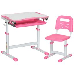 HOMCOM Kids Desk & Chair Set, Height Adjustable Writing Desk Study Table in Pink - thumbnail 2