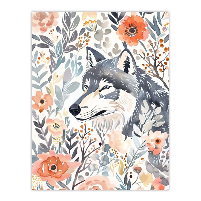 "Artery8 Wolf & Wild Roses Floral Pastel Watercolour Wall Art Print in Pink - Size: W12"" x H16""" - image 1