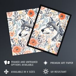 "Artery8 Wolf & Wild Roses Floral Pastel Watercolour Wall Art Print in Pink - Size: W12"" x H16""" - thumbnail 2