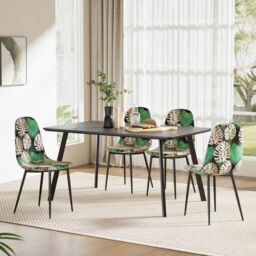 VonHaus Upholstered Cushioned Tropical Palm Leaf Print Dining Chairs Set in Black - Size: 6 Pack - thumbnail 6