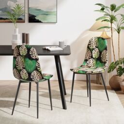 VonHaus Upholstered Cushioned Tropical Palm Leaf Print Dining Chairs Set in Black - Size: 6 Pack - thumbnail 1
