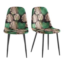 VonHaus Upholstered Cushioned Tropical Palm Leaf Print Dining Chairs Set in Black - Size: 6 Pack - thumbnail 2