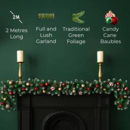 Neo 2m Candy Cane Baubles Garland Festive Foliage Garland in Dark Green - Size: 6ft - thumbnail 3