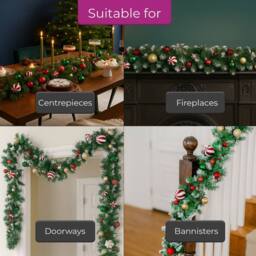 Neo 2m Candy Cane Baubles Garland Festive Foliage Garland in Dark Green - Size: 6ft - thumbnail 4