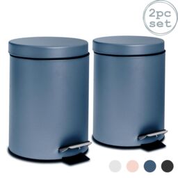 Harbour Housewares 2x Round Bathroom Pedal Bins - 3L Stainless Steel Slim Rubbish Dustbin in Blue
