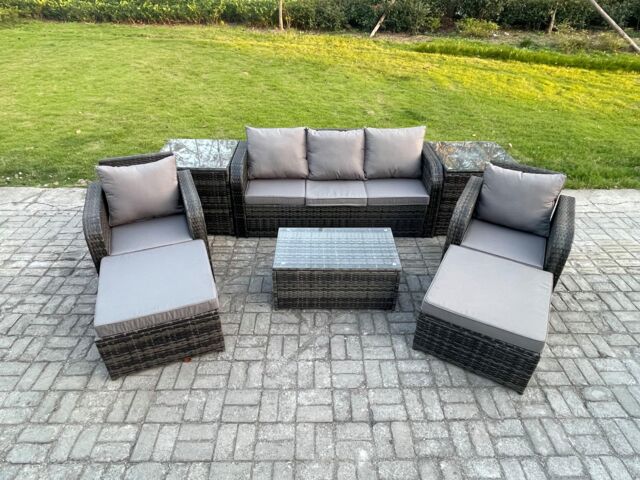 Fimous Rattan Garden Furniture Set Patio Outdoor Lounge Sofa Set with Rectangular Coffee Table 2 Big Footstool 3 Seater Sofa in Dark Grey - image 1