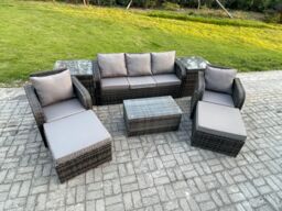 Fimous Rattan Garden Furniture Set Patio Outdoor Lounge Sofa Set with Rectangular Coffee Table 2 Big Footstool 3 Seater Sofa in Dark Grey - thumbnail 2